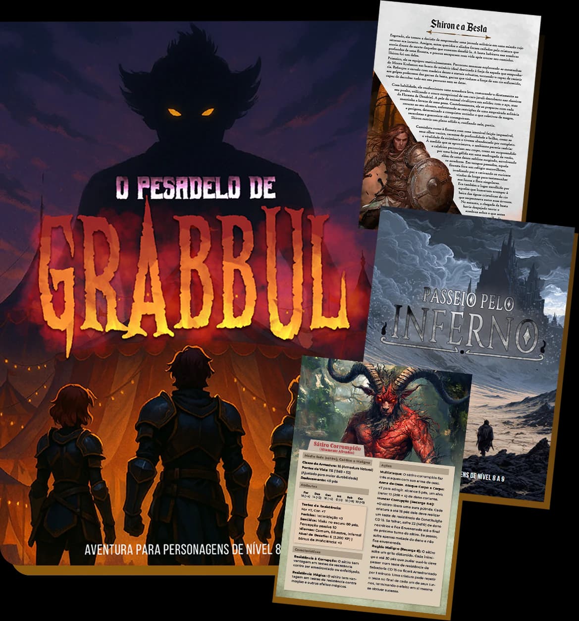 Composição de aventura completa com capa, conto, ficha de criatura e páginas ilustradas