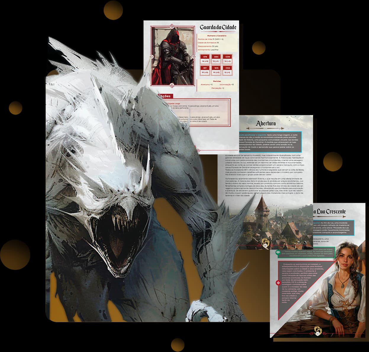 Composição da aventura gratuita com monstro, ficha, cenário e personagem